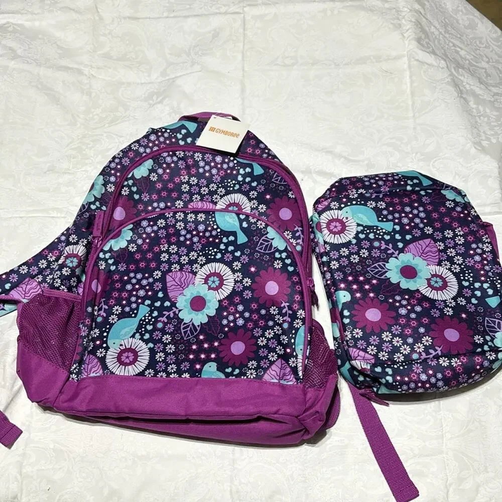 Gymboree bac pac lunch box combo set raspberry blue purple bird floral print NWT